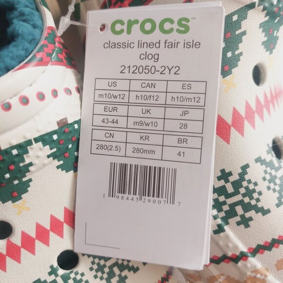 CROCS Classic Lined Fair Isle Slip On Clogs Mens 10 Womens 12 Sandals Bone Multi - Picture 6 of 9